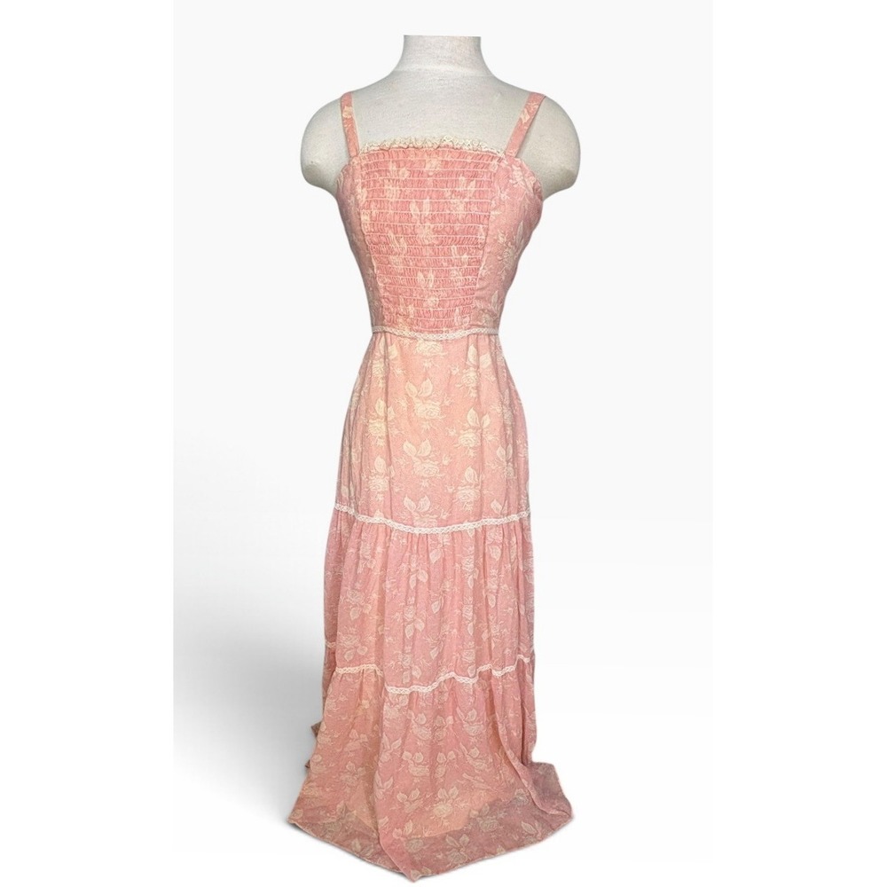 Vintage Yours San Francisco Pink Floral Prairie Maxi Dress Lace Smocked Boho 70s
